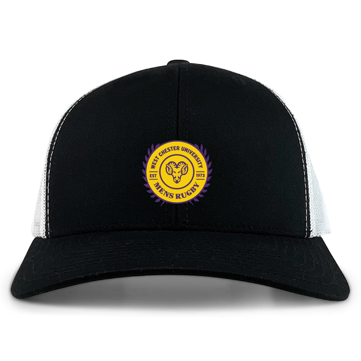 The West Chester University Retro Trucker Cap by EMB S&S Activewear features a black and white design with yellow and purple Men's Rugby embroidery on the front and a classic snapback closure.