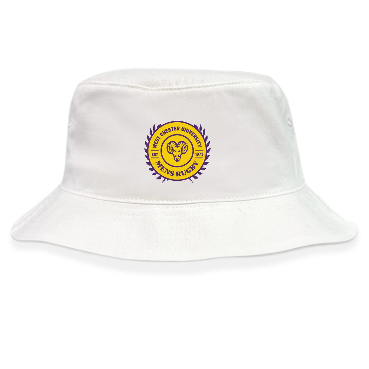 The West Chester University Crusher Bucket Cap by EMB S&S Activewear is a white cotton twill hat featuring a circular yellow and purple ram’s head logo—ideal as a sun protection hat for outdoor games.
