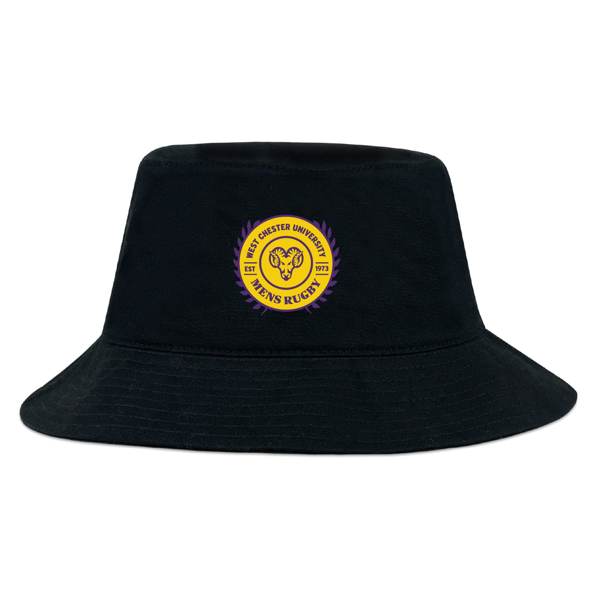 The West Chester University Crusher Bucket Cap by EMB S&S Activewear features a black cotton twill design with a circular gold and purple ram's head logo—ideal for sun protection and showing your Golden Rams pride on or off the field.