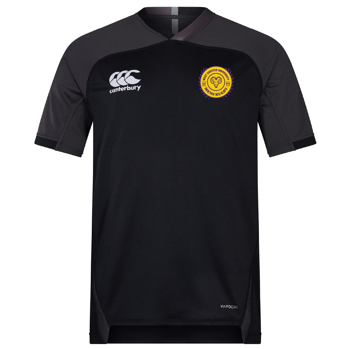 The EMB Canterbury West Chester University Vapodri Evader Jersey is a short-sleeved black rugby top with moisture-wicking tech, Canterbury logo on the right chest, and a yellow circular badge on the left, shown on a white background.