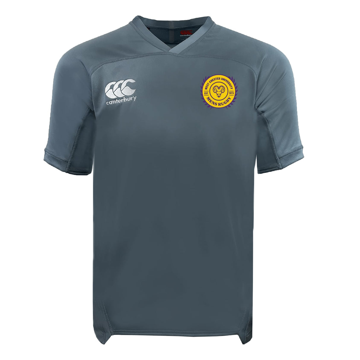 The West Chester University Vapodri Evader Jersey by EMB Canterbury is a gray short-sleeve rugby jersey featuring a yellow circular left-chest crest, white Canterbury logo right chest, and moisture-wicking technology for comfort.