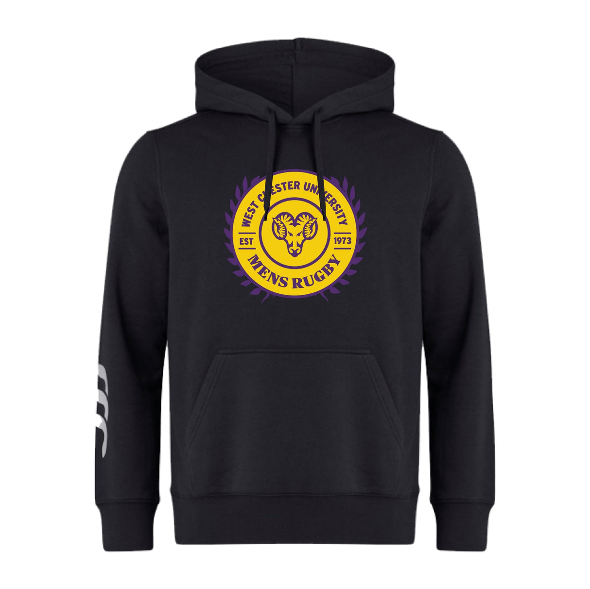 Show your rugby club pride with the WRS Canterbury West Chester University Club Hoodie by Canterbury, featuring a yellow and purple emblem with a ram’s head on the front and white stripes on the left sleeve.