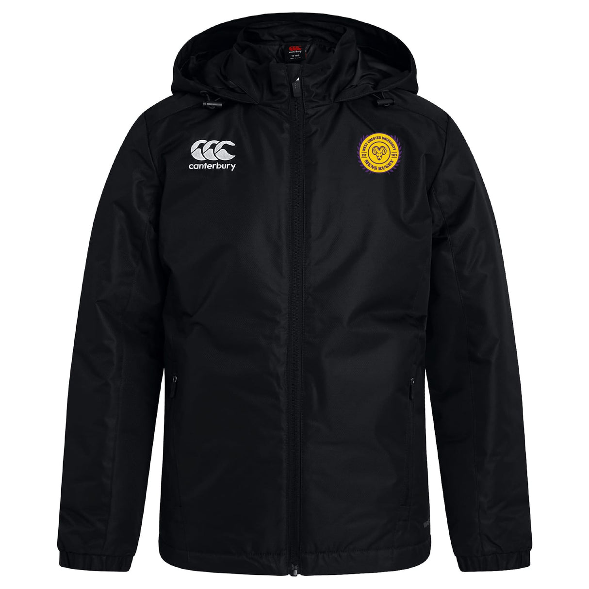 The West Chester University Club Vaposhield Stadium Jacket by EMB Canterbury features a front zipper, white Canterbury logo on the right chest, and a yellow circular crest on the left. Water repellent for staying dry and stylish.