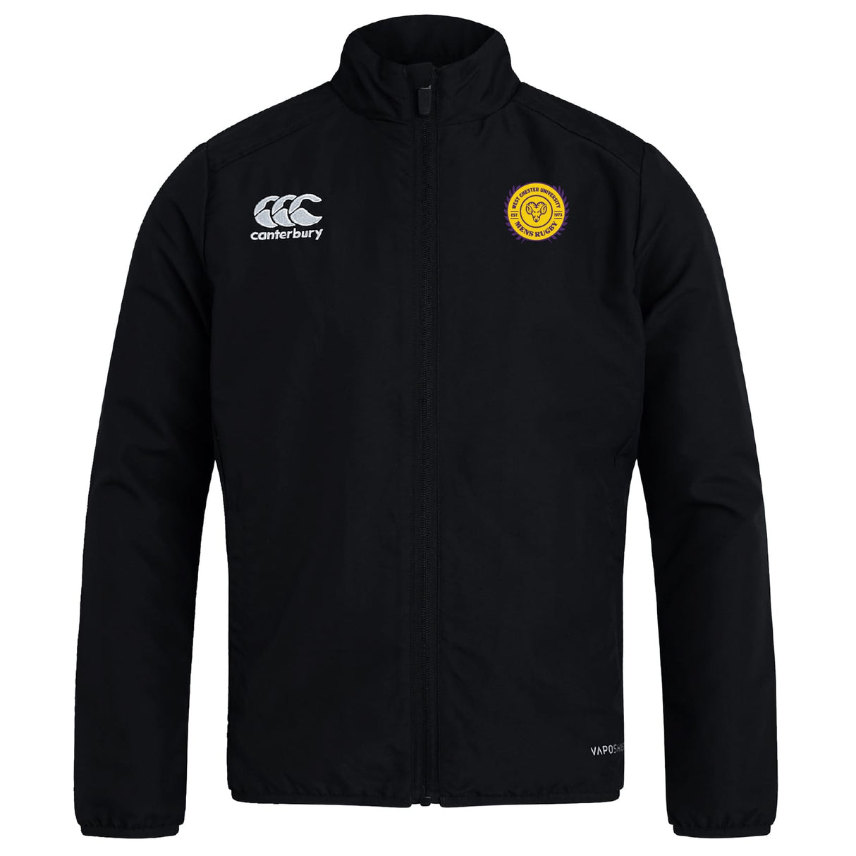 The West Chester University Club Track Jacket by EMB Canterbury is a black lightweight jacket with a yellow circular crest on the left chest and a white Canterbury logo on the right, ideal for training or casual wear.
