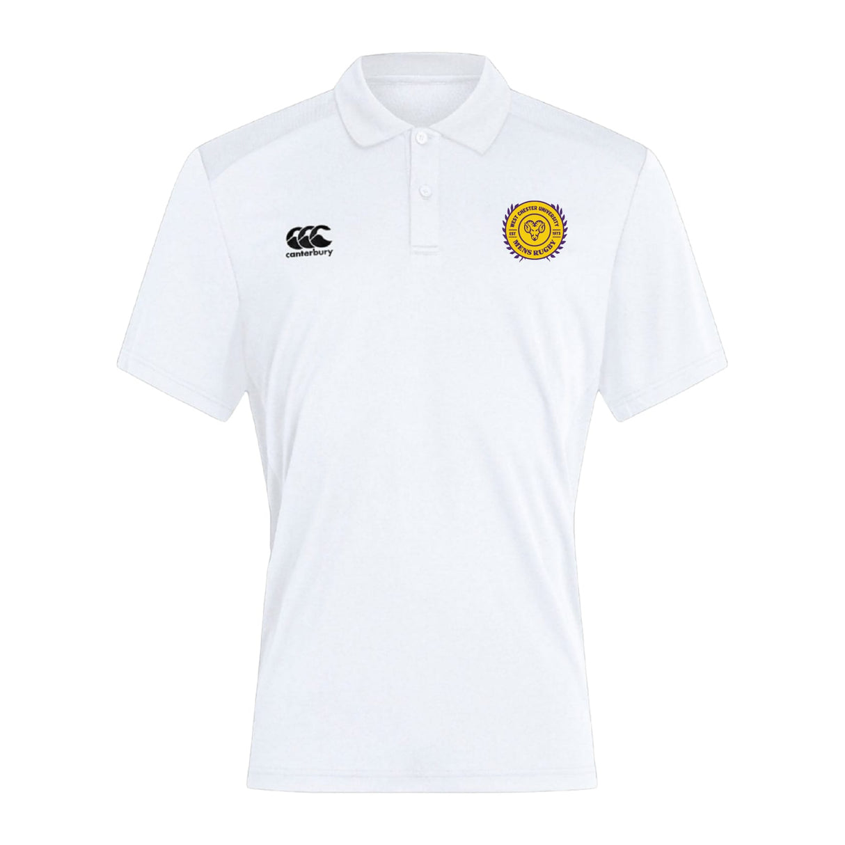 The West Chester University Club Dry Polo by EMB Canterbury is a white polo featuring a black Canterbury logo on the right chest and a yellow circular emblem on the left, made with breathable Vapodri Technology for comfort.