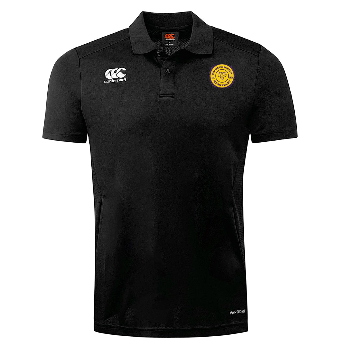 The West Chester University Club Dry Polo by EMB Canterbury is a black short-sleeve polo with a collar, white Canterbury branding, a yellow chest logo, and Vapodri Technology for breathable comfort anywhere.