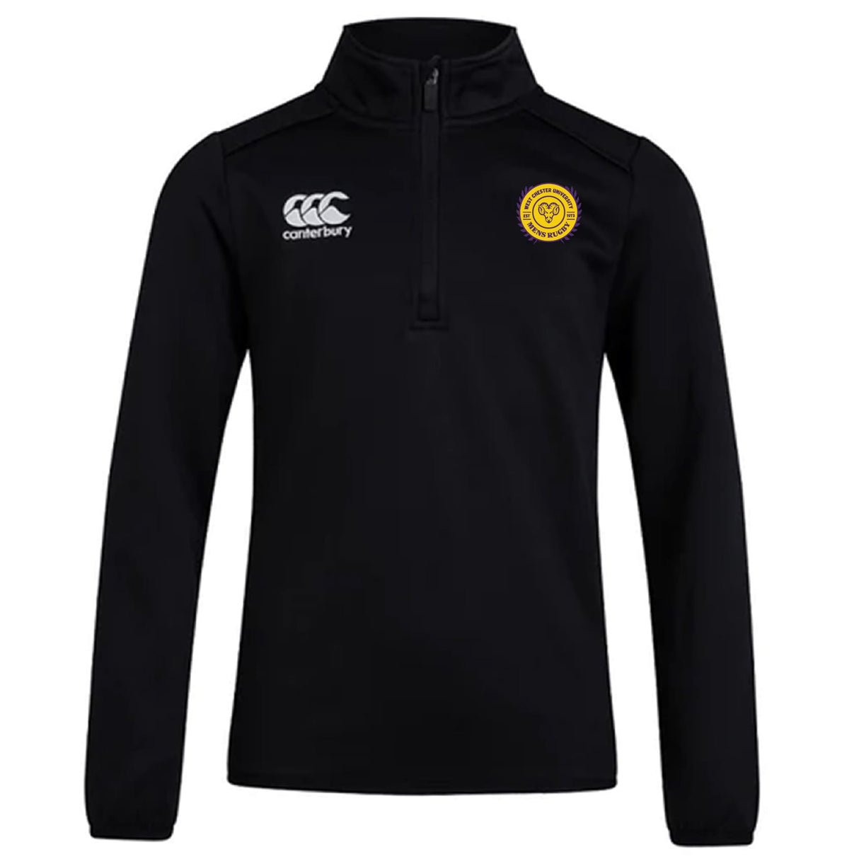 The EMB Canterbury West Chester University Club 1/4 Zip Mid Layer Training Top features long sleeves, a black design, the Canterbury logo on the right chest, and a yellow circular emblem on the left.