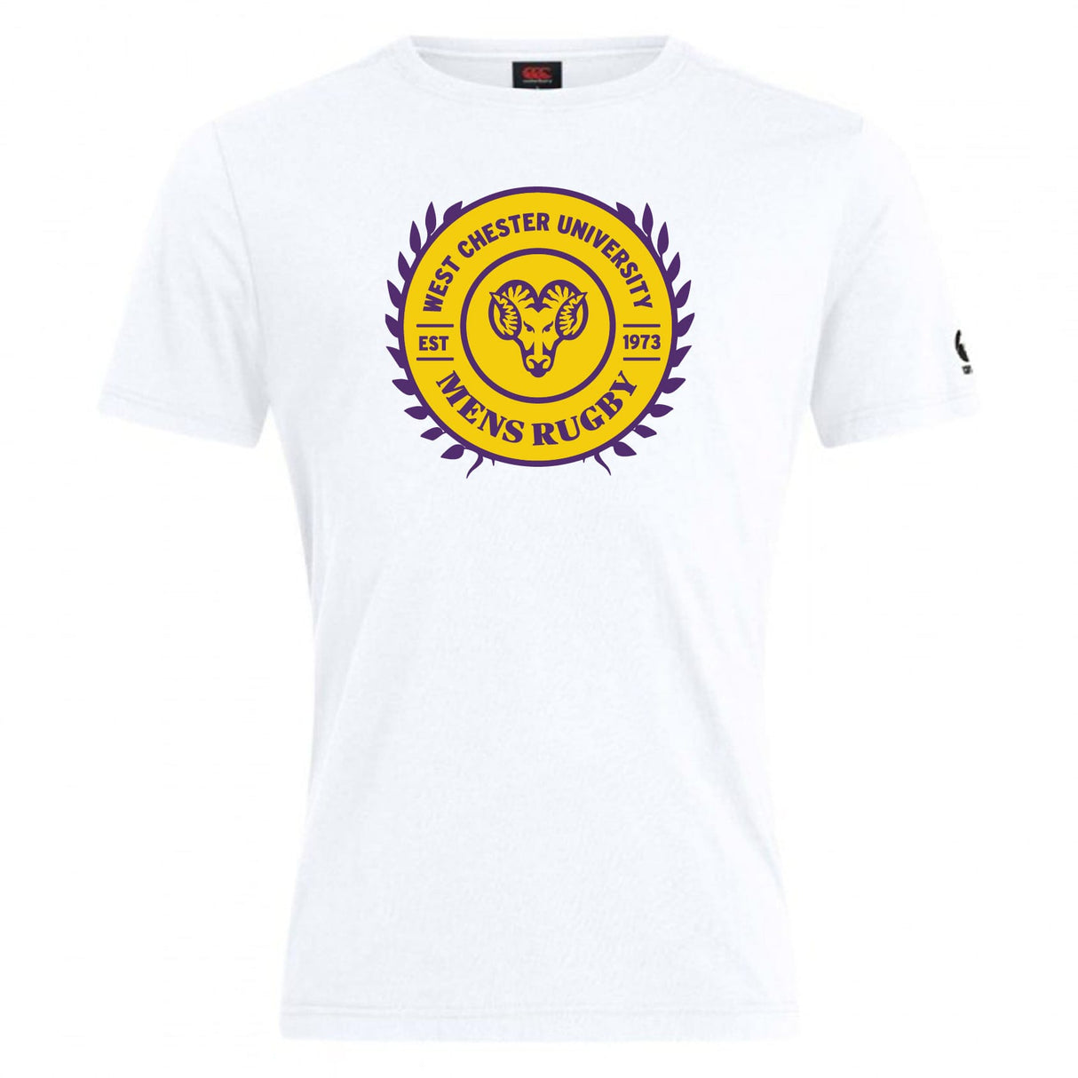 The West Chester University Club Plain Tee by Canterbury features the men's rugby logo in purple and gold with a ram head, laurel, and "EST 1973." This WRS Canterbury cotton blend shirt lets you customize and show your team spirit.
