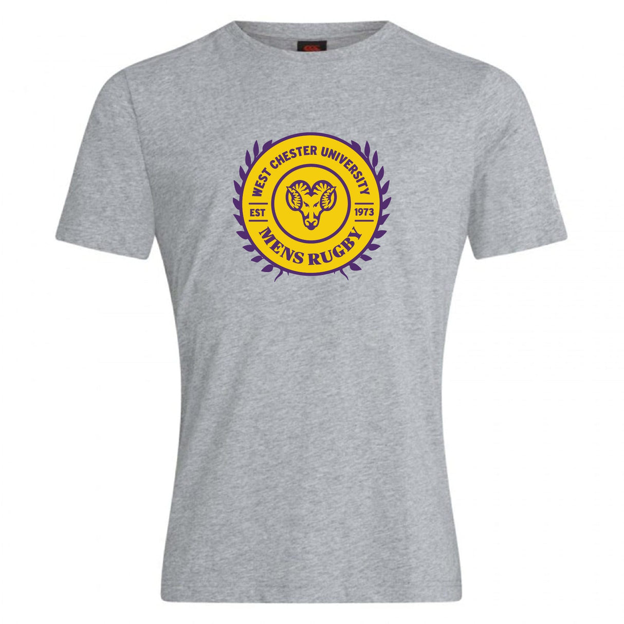 The West Chester University Club Plain Tee by WRS Canterbury is a grey cotton blend T-shirt featuring the Men's Rugby logo in gold and purple with a ram's head and "EST 1973" text.