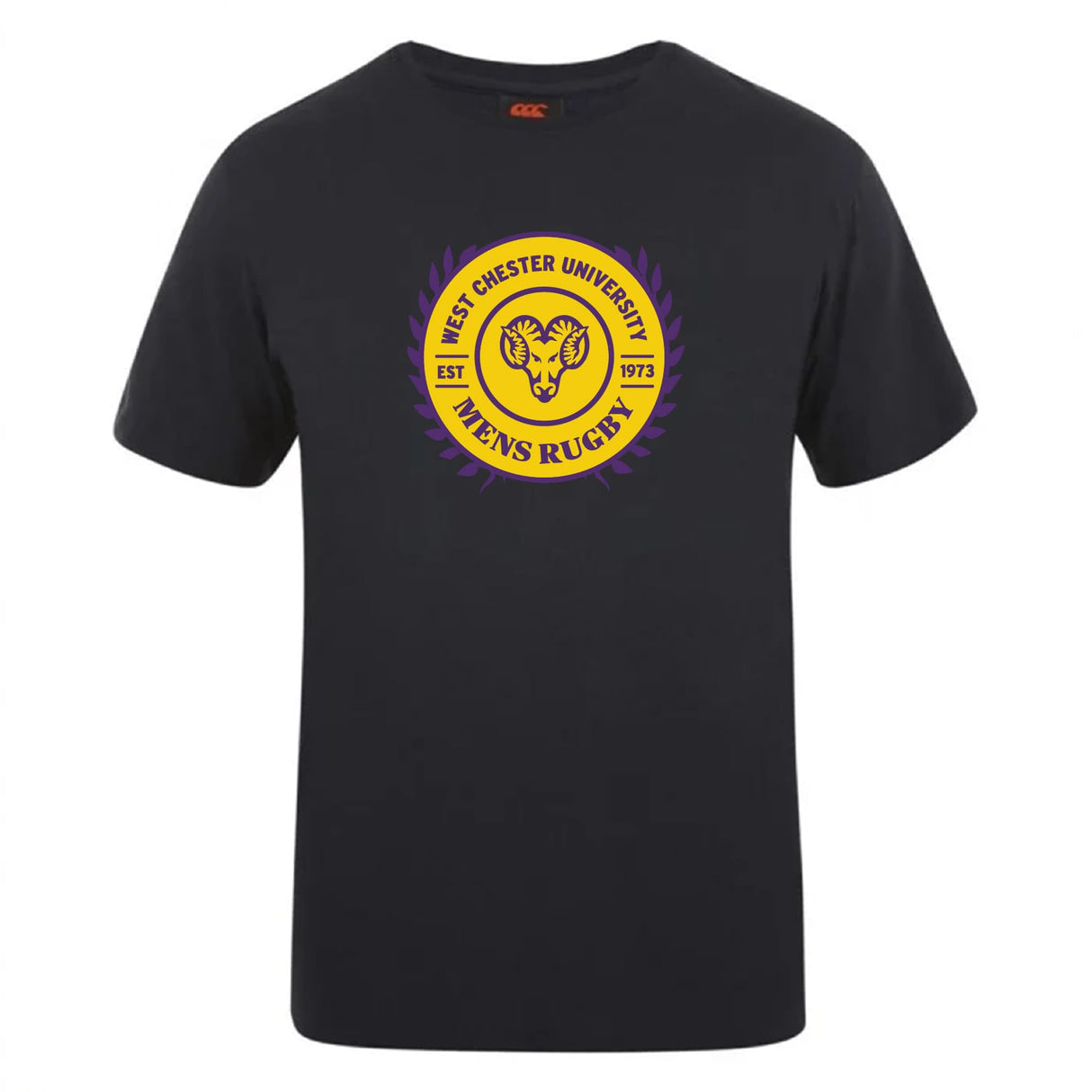 The West Chester University Club Plain Tee by Canterbury features the men's rugby logo with a yellow and purple ram's head and "Est 1973" on a black cotton blend. Brand: WRS Canterbury.