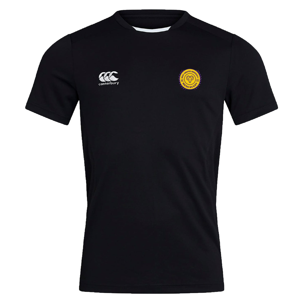 The EMB Canterbury West Chester University Club Dry Tee is a black short-sleeve jersey with Vapodri Technology, a white Canterbury logo on the right chest, and a yellow circular badge on the left chest.