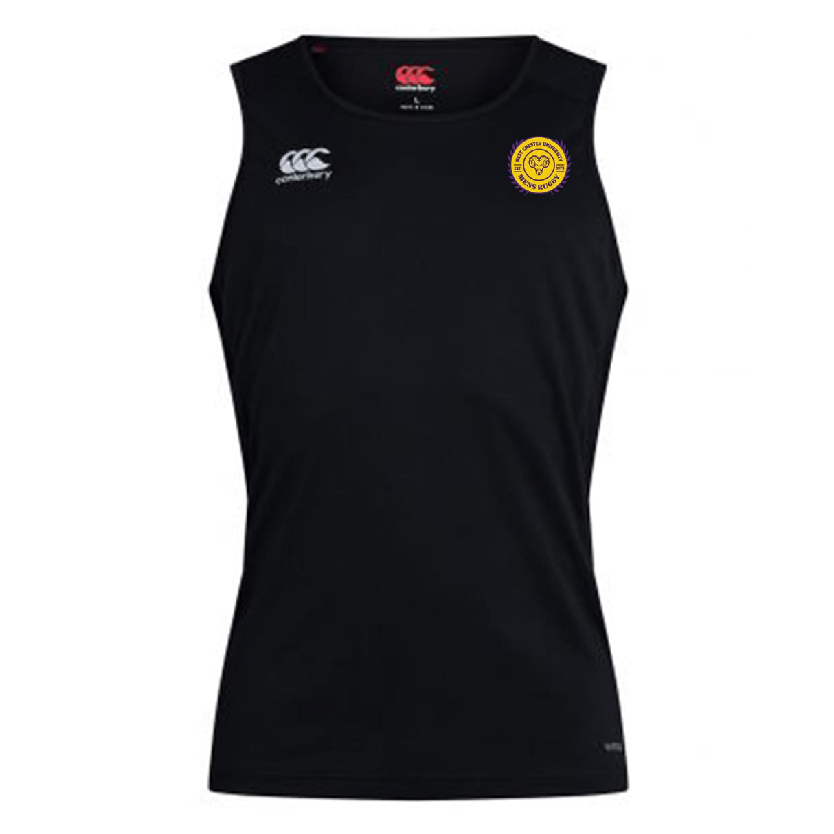 The EMB Canterbury West Chester University Club Dry Singlet features Vapodri Technology, two white upper left logos, and a yellow circular badge on the upper right—an athletic standout.