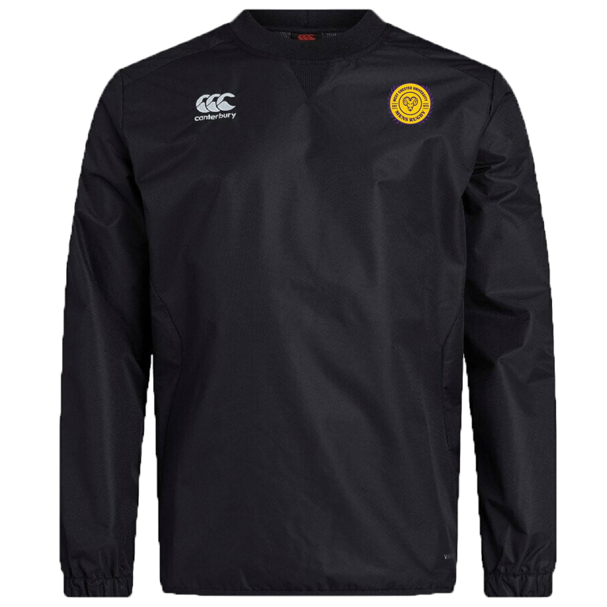 The West Chester University Club Vaposhield Contact Top by EMB Canterbury is a black long-sleeve rugby top with Vaposhield tech, a Canterbury logo on the right chest, and a circular yellow emblem on the left chest.