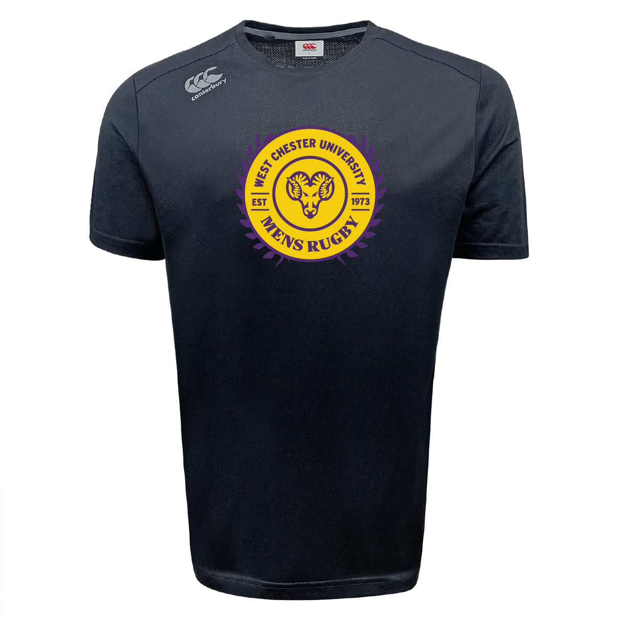 The WRS Canterbury West Chester University Tempo Vapodri T-Shirt features a black athletic design with a circular men’s rugby ram’s head logo, established 1973, in yellow and purple on the chest.