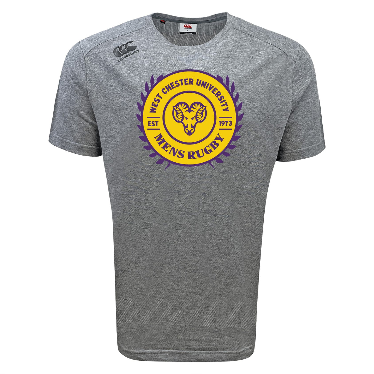Stay active in the WRS Canterbury West Chester University Tempo Vapodri T-Shirt, a gray short-sleeve athletic tee with "Men's Rugby," a ram's head, and "EST 1973" in purple and gold. Features moisture-wicking fabric for performance.