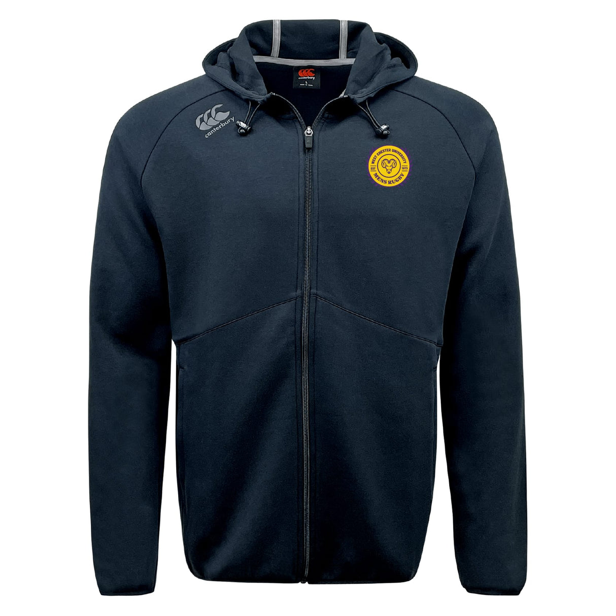The West Chester University Tempo Vapodri Full-Zip Hoodie by EMB Canterbury is a black hoodie with a hood, yellow circular logo on the left chest, Canterbury branding on the right shoulder, and moisture-wicking fabric for comfort.