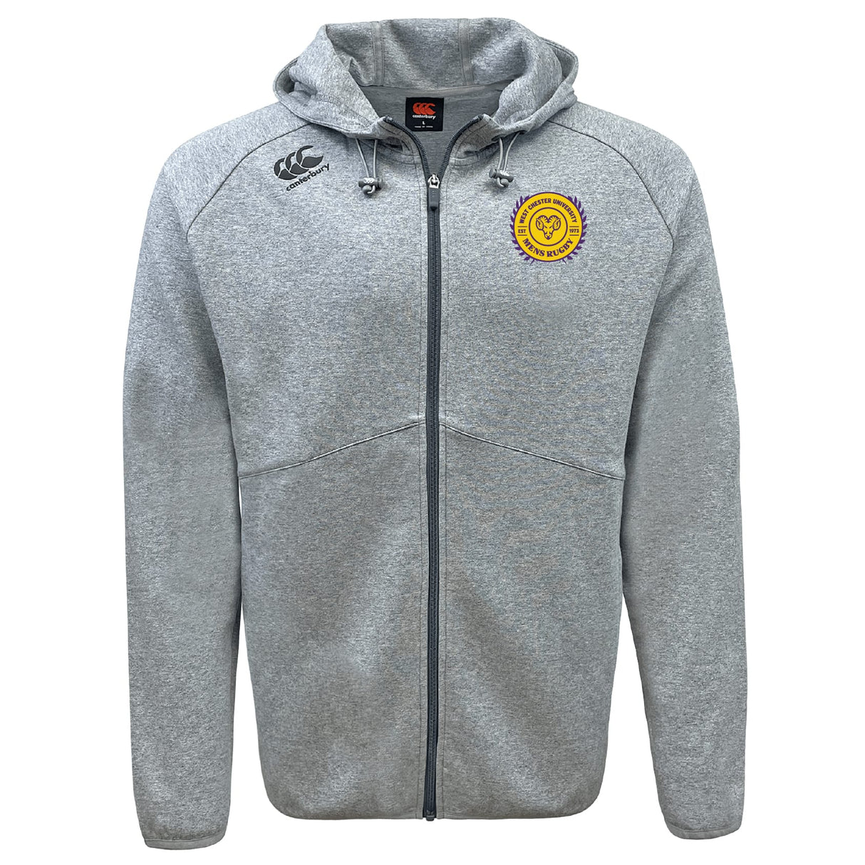 The West Chester University Tempo Vapodri Full-Zip Hoodie by EMB Canterbury features a grey design, moisture-wicking VapoDri fabric, hood, Canterbury logo on the right chest, and a yellow ram's head emblem on the left chest.