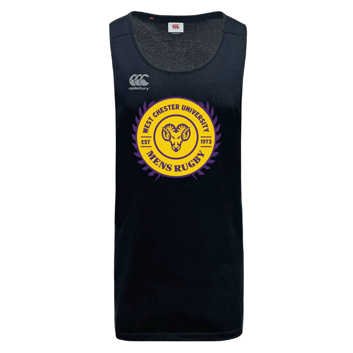 The WRS Canterbury West Chester University Tempo Vapodri Singlet is a black, sleeveless athletic jersey made from recycled polyester, featuring the Men’s Rugby logo in yellow and purple on the front.