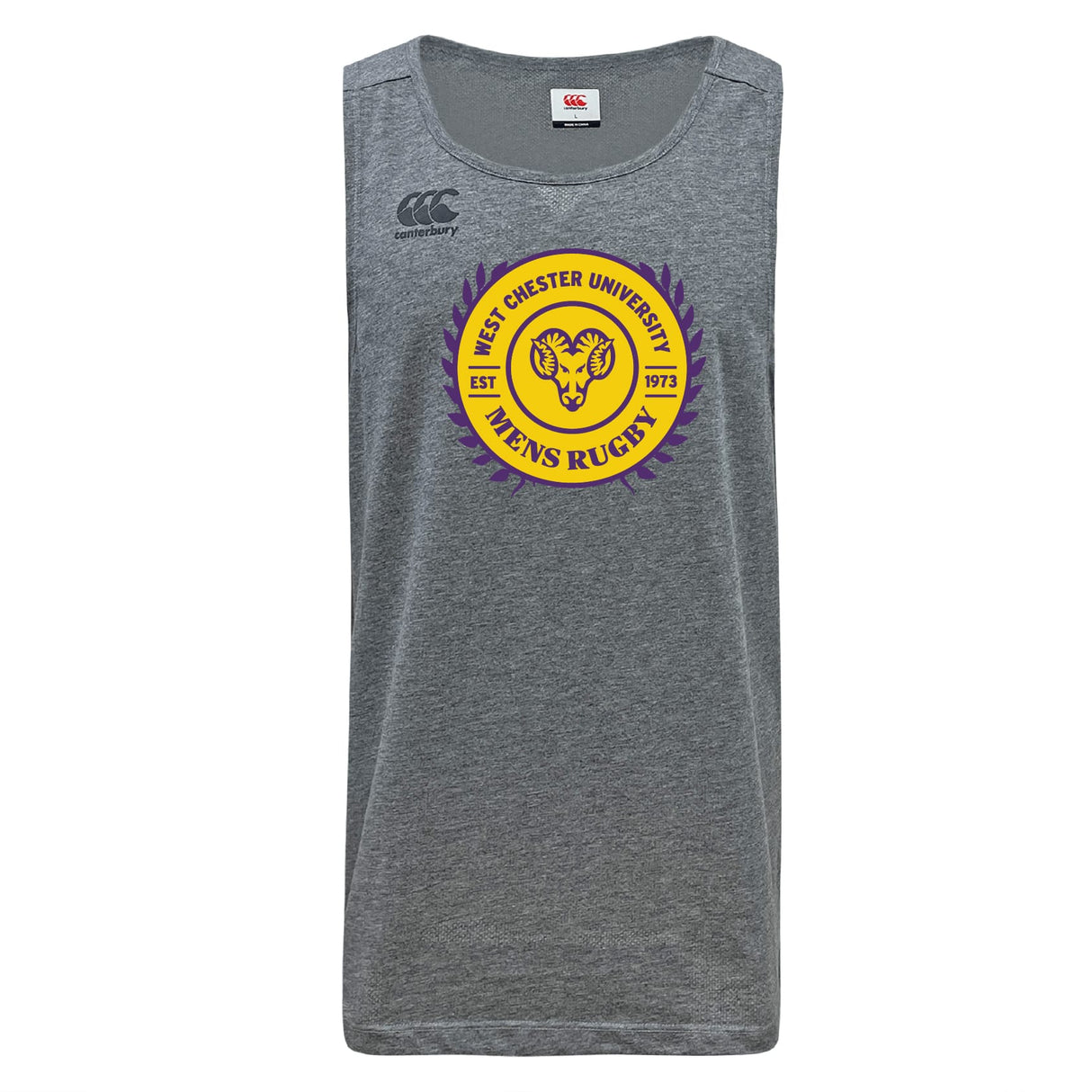 Gray sleeveless West Chester University Tempo Vapodri Singlet by WRS Canterbury features "West Chester University Men's Rugby" logo in purple and yellow with ram head and "Est 1973" on front, made from recycled polyester for eco-friendly performance.