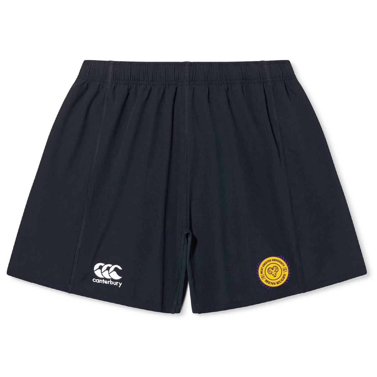 The EMB Canterbury West Chester University Yokohama Short is a black rugby short with an elastic waistband, made from lightweight, durable fabric, featuring the Canterbury logo on the left leg and a yellow emblem on the right.