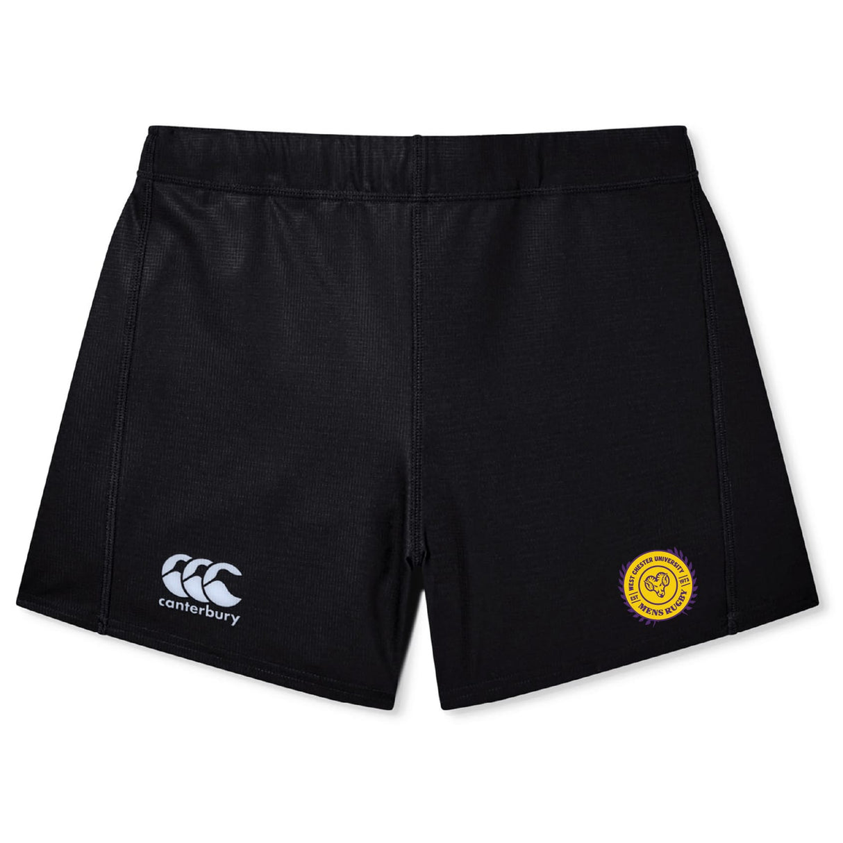 The West Chester University Women's Yokohama Short by EMB Canterbury features a white logo on the left leg and a yellow Yokohama badge on the right, perfect for women's rugby, shown on a plain white background.