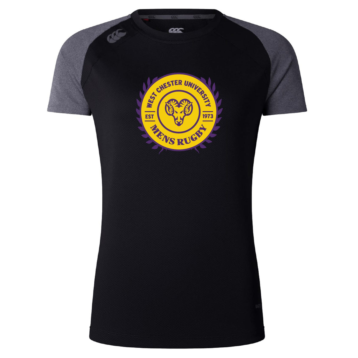Black and grey short-sleeve lightweight West Chester University Women's Elite Training Tee by WRS Canterbury, featuring a yellow and purple logo on the chest.