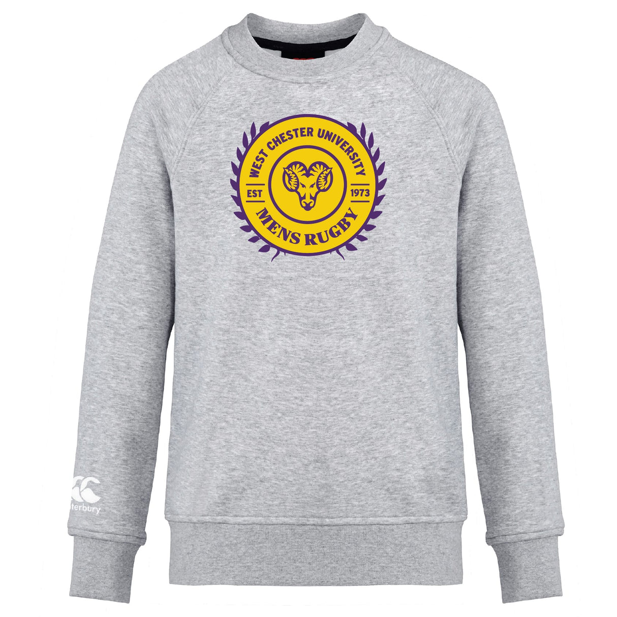 The WRS Canterbury West Chester University Club Crew Sweatshirt is a grey ultra-soft top with the men's rugby logo in yellow and purple on the chest and an embroidered CCC logo on the left sleeve.