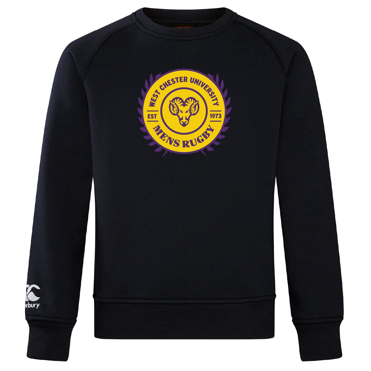The West Chester University Club Crew Sweatshirt by Canterbury features the men's rugby logo in yellow and purple on the chest, with an embroidered CCC logo on the left sleeve. Brand: WRS Canterbury.