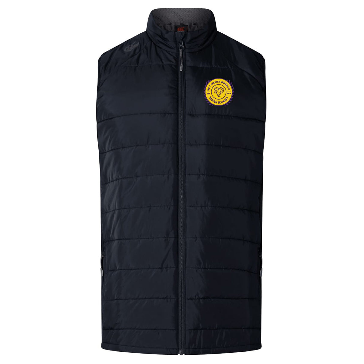 The EMB Canterbury West Chester University Women's Elite Microlite Gilet is black, sleeveless, with insulated baffles, a zip front, and a yellow circular embroidered logo on the left chest.