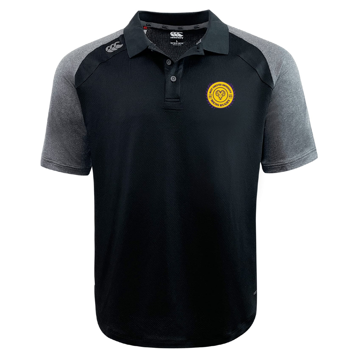 The West Chester University Elite Polo by EMB Canterbury features black and grey short sleeves, lightweight Vapodri fabric, a yellow circular left chest logo, and brand logos on the shoulders.