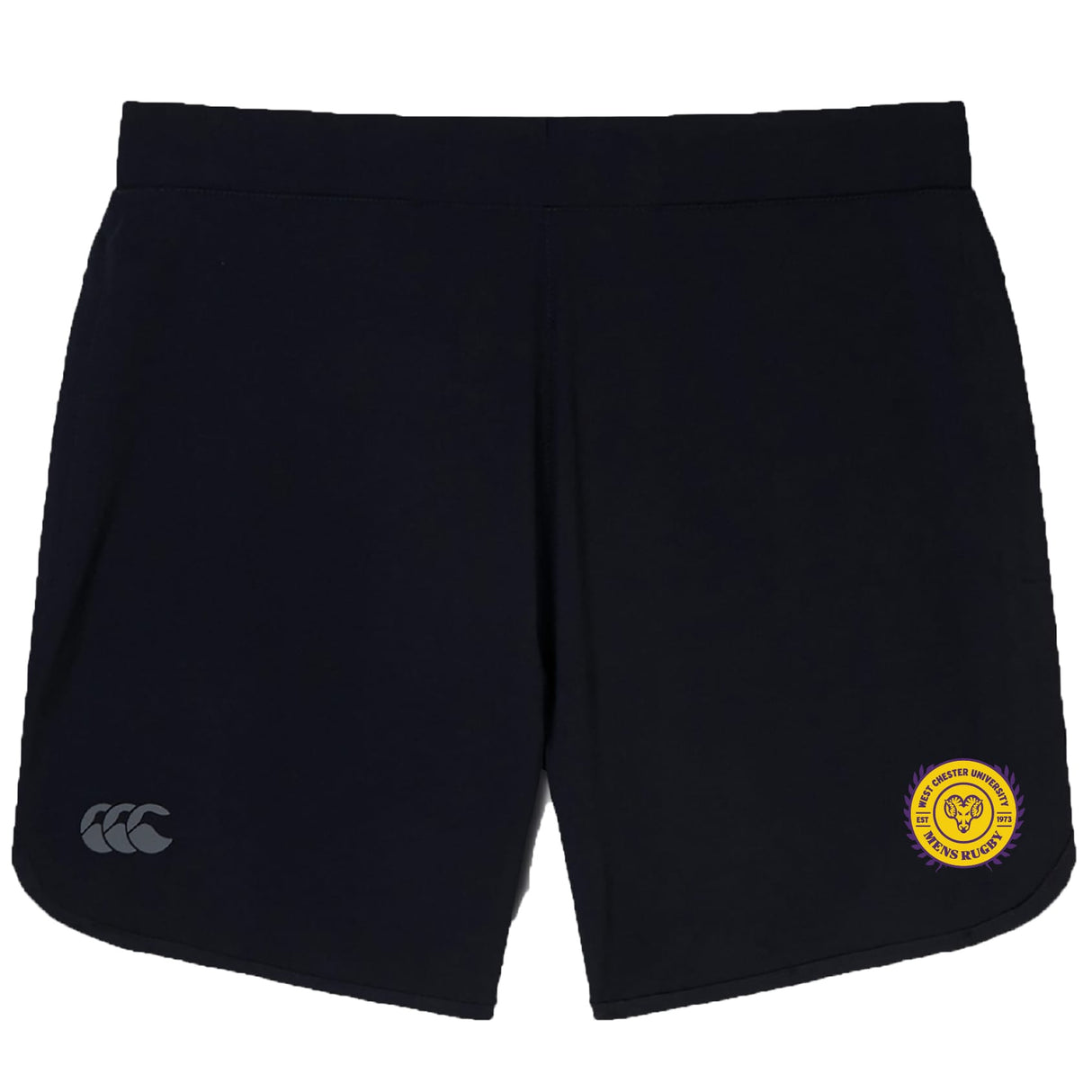 The West Chester University Elite Woven Short by EMB Canterbury features a yellow circular emblem on the right leg, a grey “CCC” logo on the left leg, and zippered pockets for secure storage.