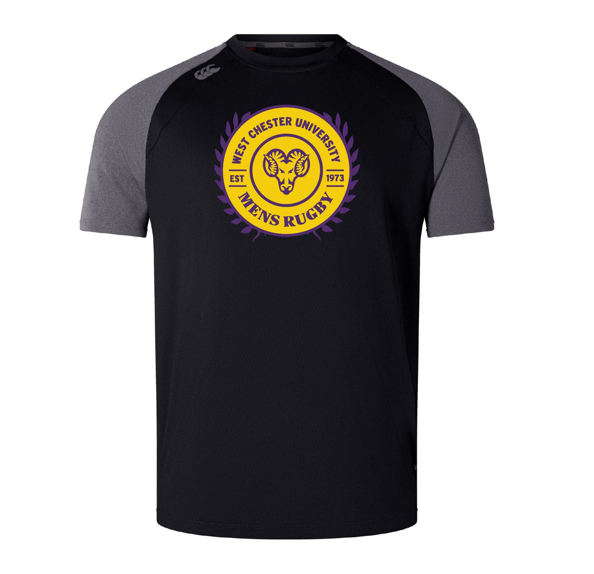 The West Chester University Elite Training Tee by WRS Canterbury features the school’s rugby logo in yellow and purple. Stay cool during workouts with its lightweight Vapodri fabric. Available in black and gray.