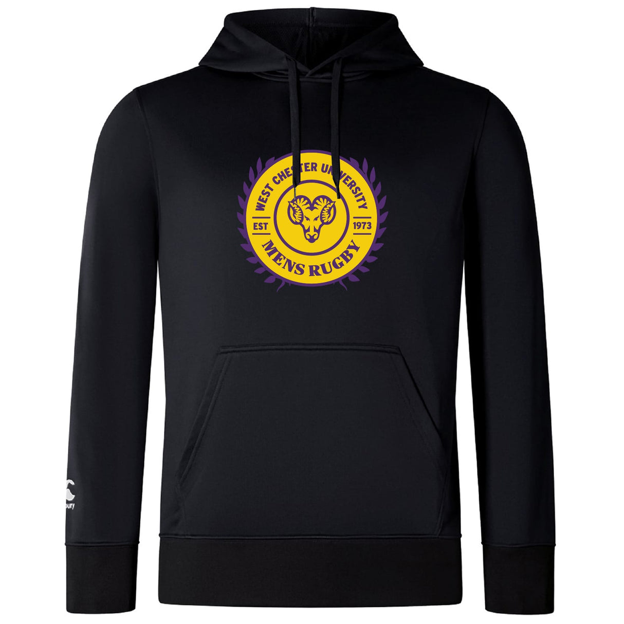 The West Chester University Club Lightweight Hoodie by Canterbury showcases the Men's Rugby logo in yellow and purple on the chest, features a classic kangaroo pocket, and is made by WRS Canterbury.