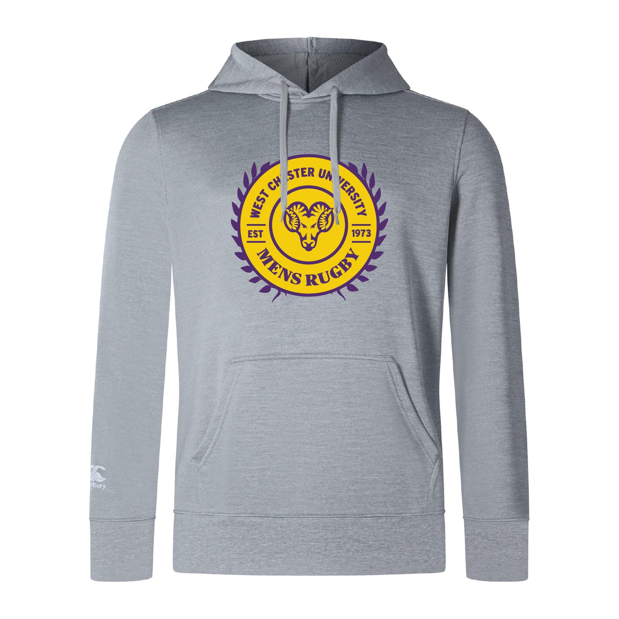 The West Chester University Club Lightweight Hoodie by WRS Canterbury features a yellow and purple "West Chester University Men's Rugby" logo, bold ram graphic, and classic kangaroo pocket for comfort and style in light gray.