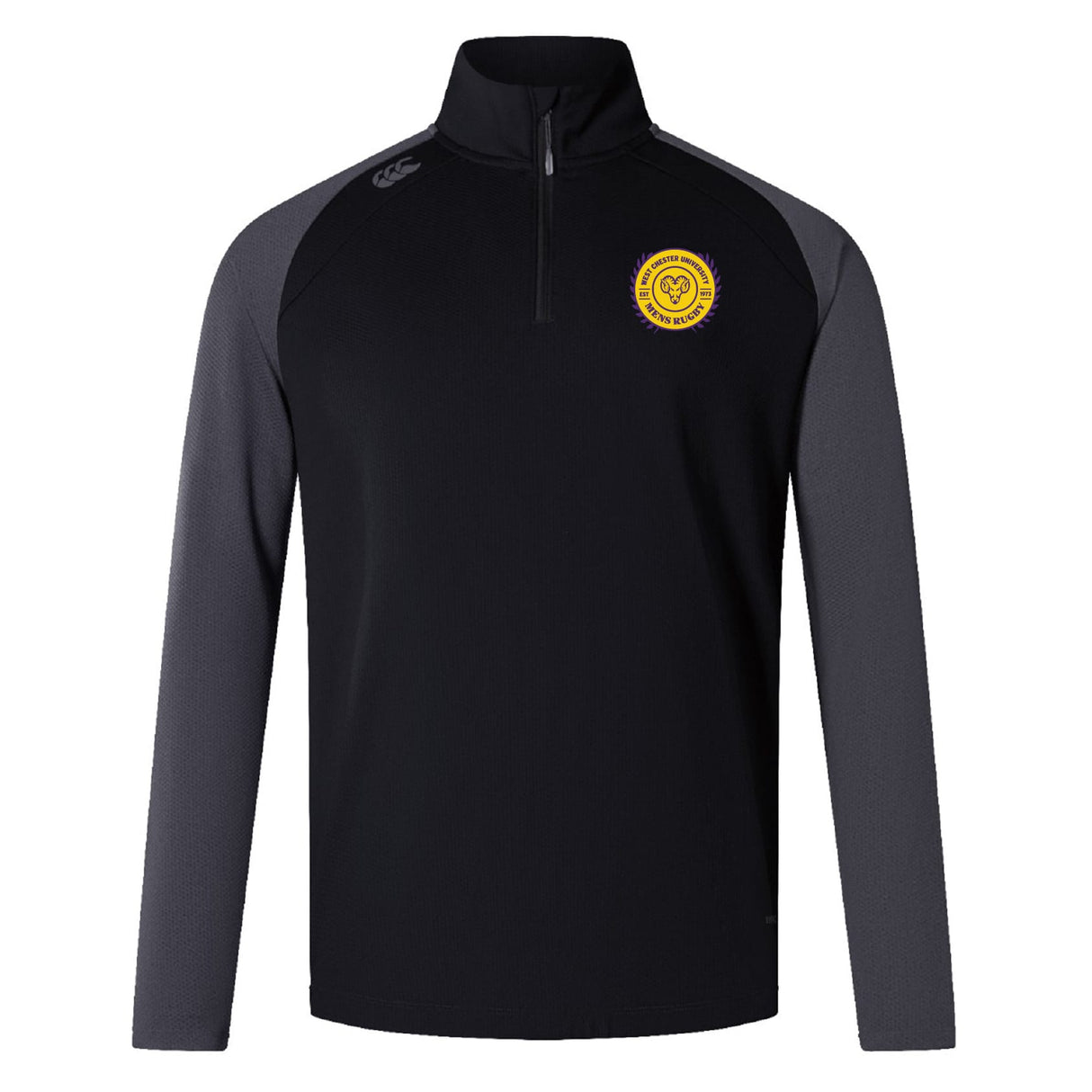 The EMB Canterbury West Chester University Women's Elite First Layer is a black and gray quarter-zip pullover with a yellow ram’s head logo on the left chest, offering moisture-wicking comfort for all-day wear.