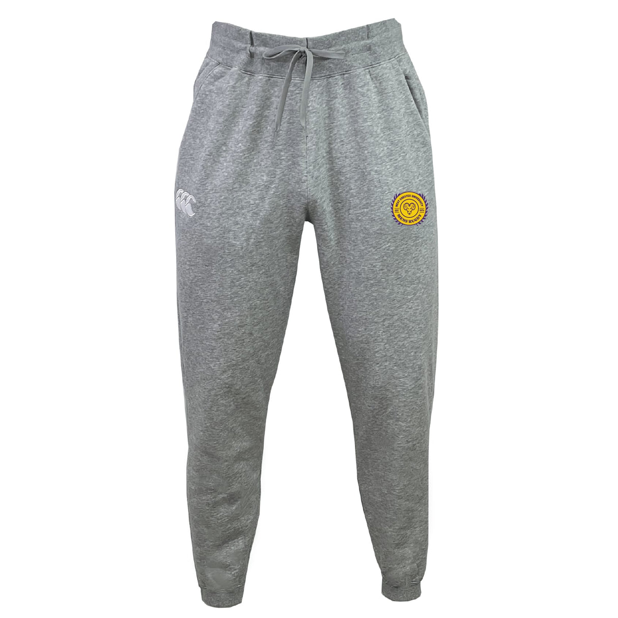 The West Chester University Leisure Sweatpant by EMB Canterbury is made from soft recycled polyester fleece, with a drawstring waist, white logo on the left thigh, and a yellow emblem on the right.
