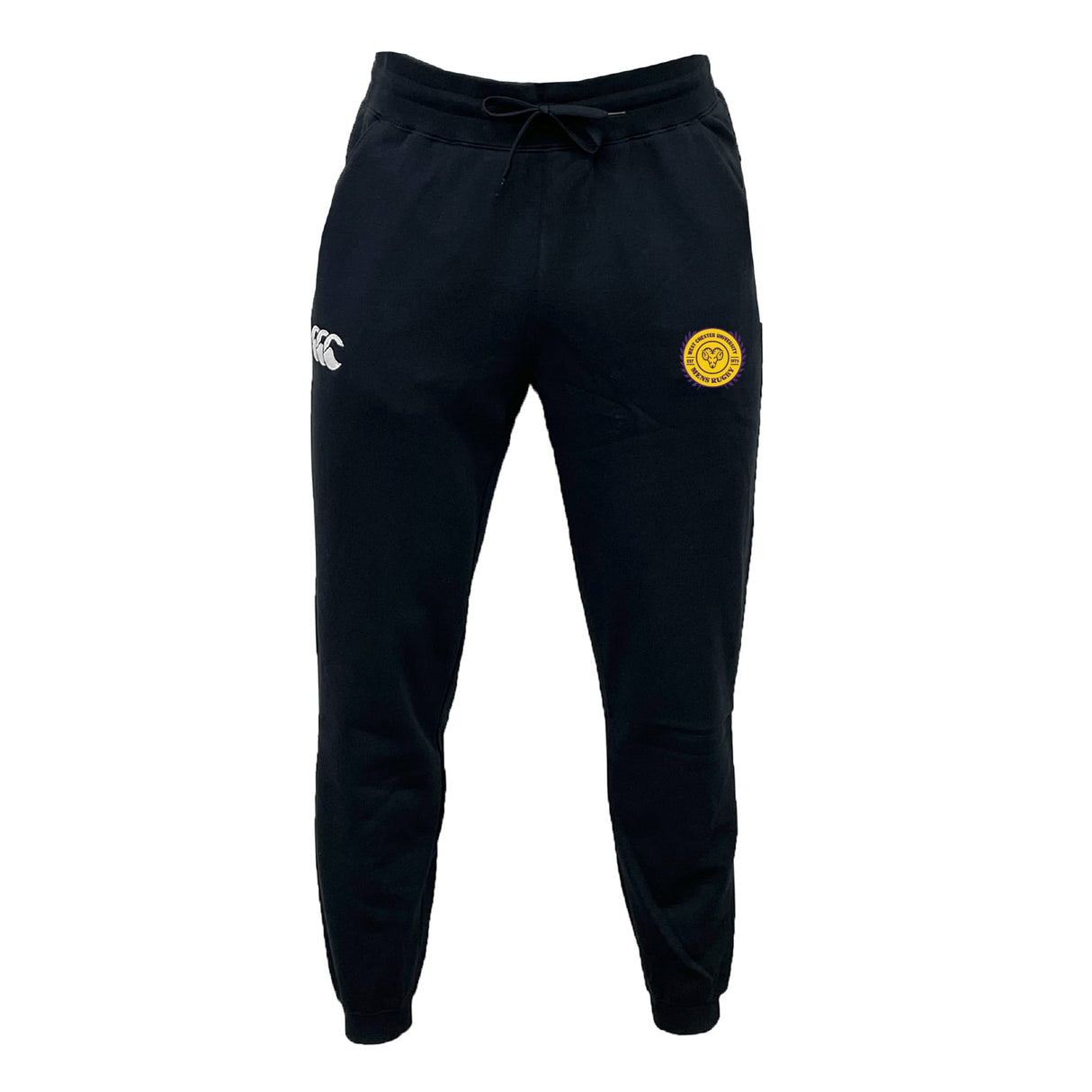 The West Chester University Leisure Sweatpant by EMB Canterbury features black joggers with a white CCC logo on the right thigh and a yellow circular emblem on the left, made from recycled polyester fleece.