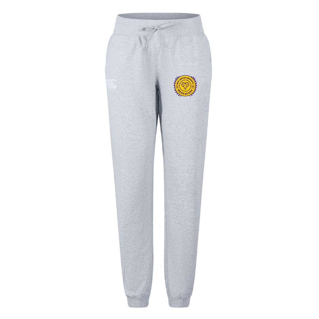 The EMB Canterbury West Chester University Women's Leisure Sweatpant features a drawstring waist, cuffed ankles, and a yellow circular emblem on the left thigh for comfort and style.
