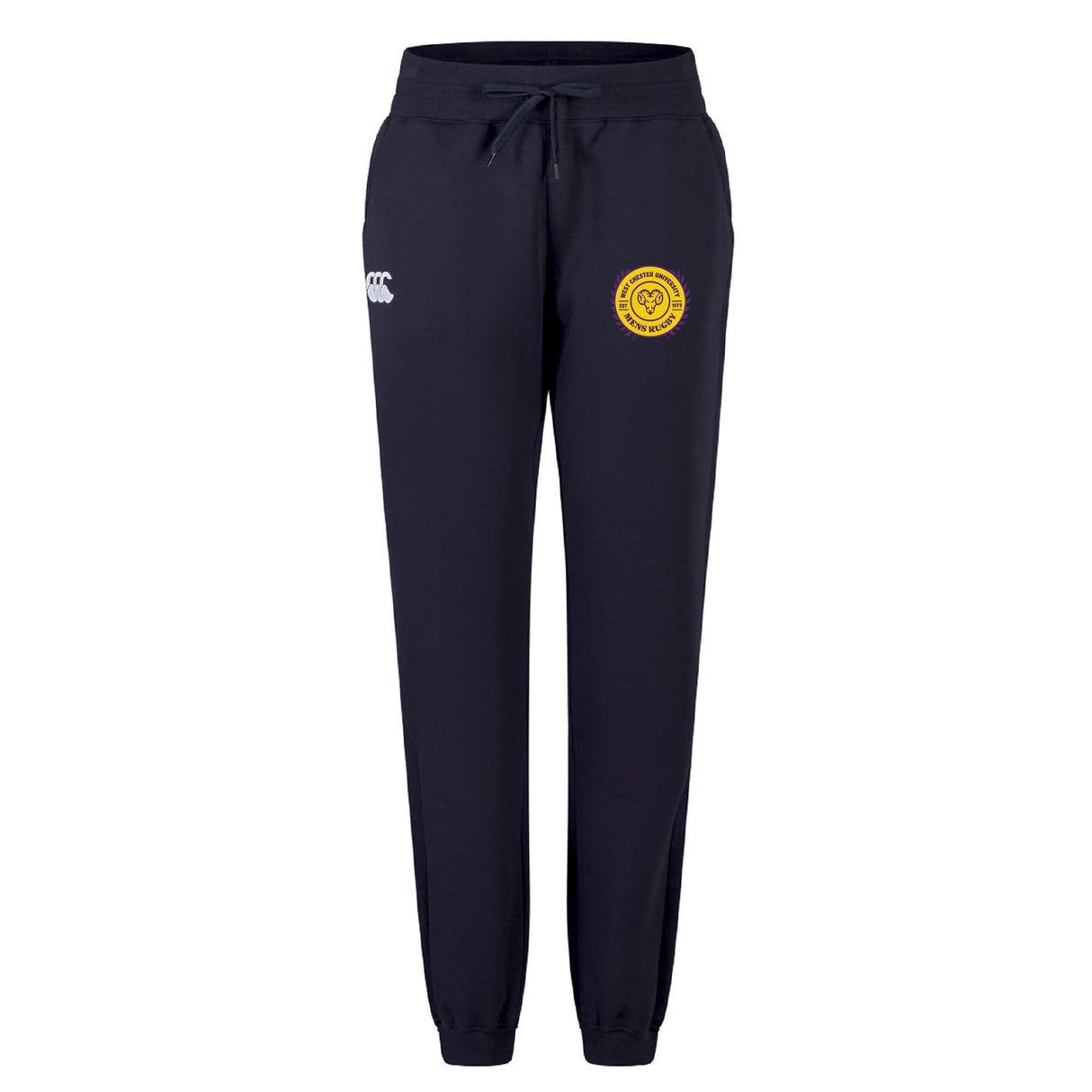 The West Chester University Women's Leisure Sweatpant by EMB Canterbury features a navy blue design, drawstring waist, white Canterbury logo, and a yellow circular emblem—combining comfort and style for women.