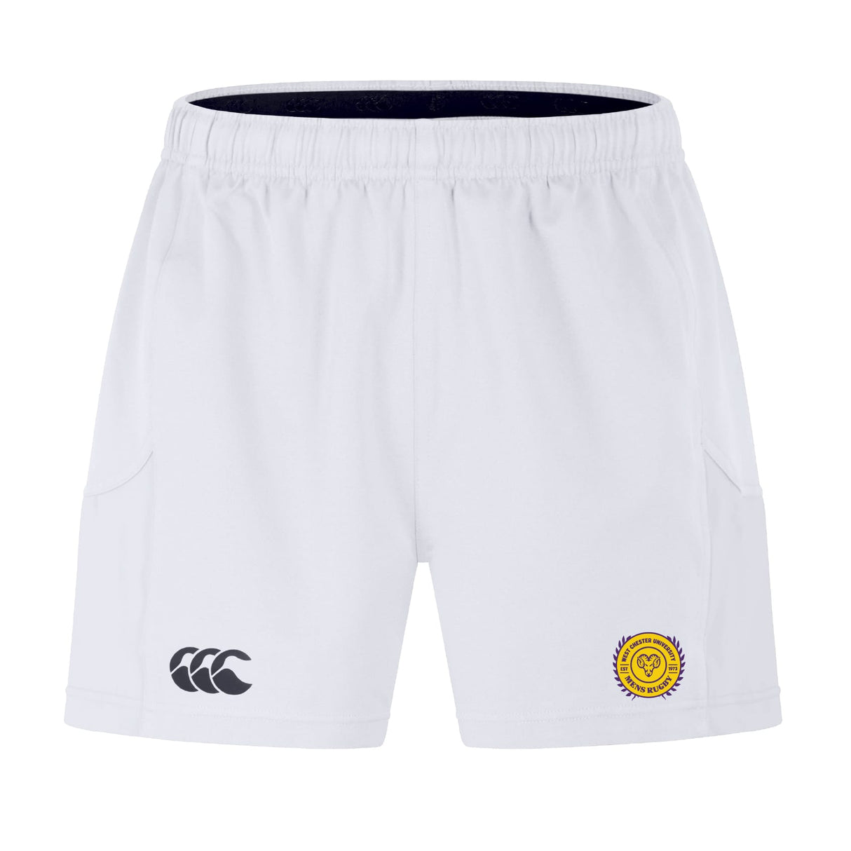 The West Chester University Advantage Short 2.0 by EMB Canterbury features an elastic waistband, black Canterbury logo on the left leg, and a yellow circular emblem with a wreath on the right leg.