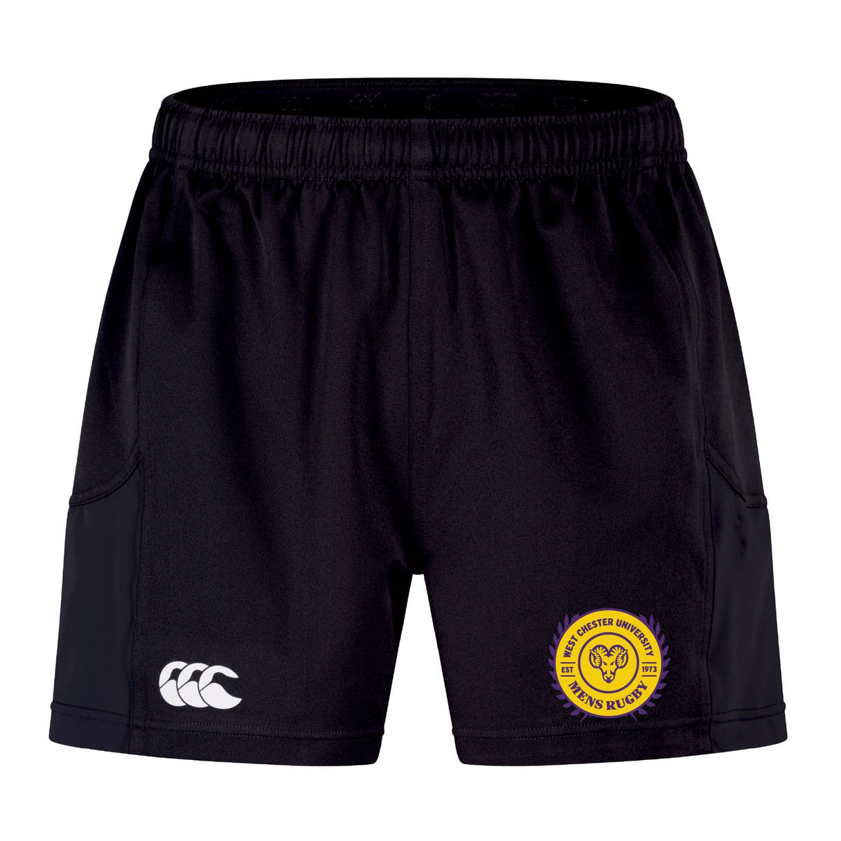 The West Chester University Advantage Short 2.0 by EMB Canterbury features an elastic waistband, white Canterbury logo on the left leg, and a yellow circular rugby club emblem on the right leg.