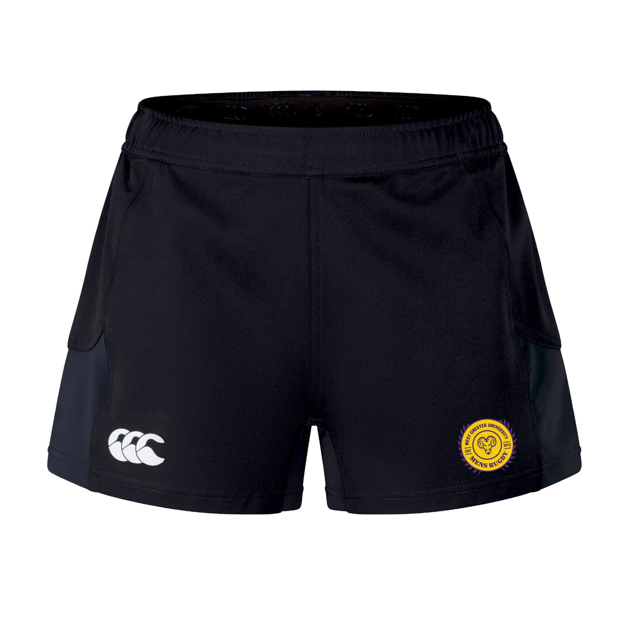 The West Chester University Women's Advantage Short 2.0 by EMB Canterbury features black performance fabric, a white Canterbury logo on the left, and a yellow circular heart badge—ideal sustainable athletic shorts for an active lifestyle.
