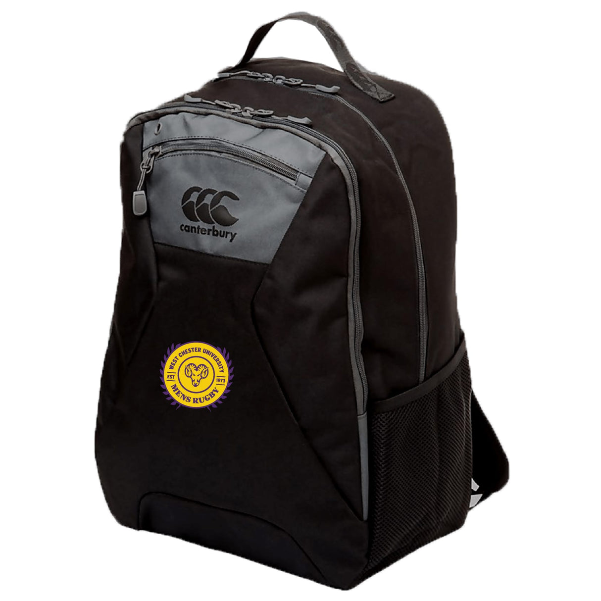 A black West Chester University Medium Backpack by EMB Canterbury features gray accents, front and top zippers, a side mesh pocket, and a water repellent finish—great for athletic gear.