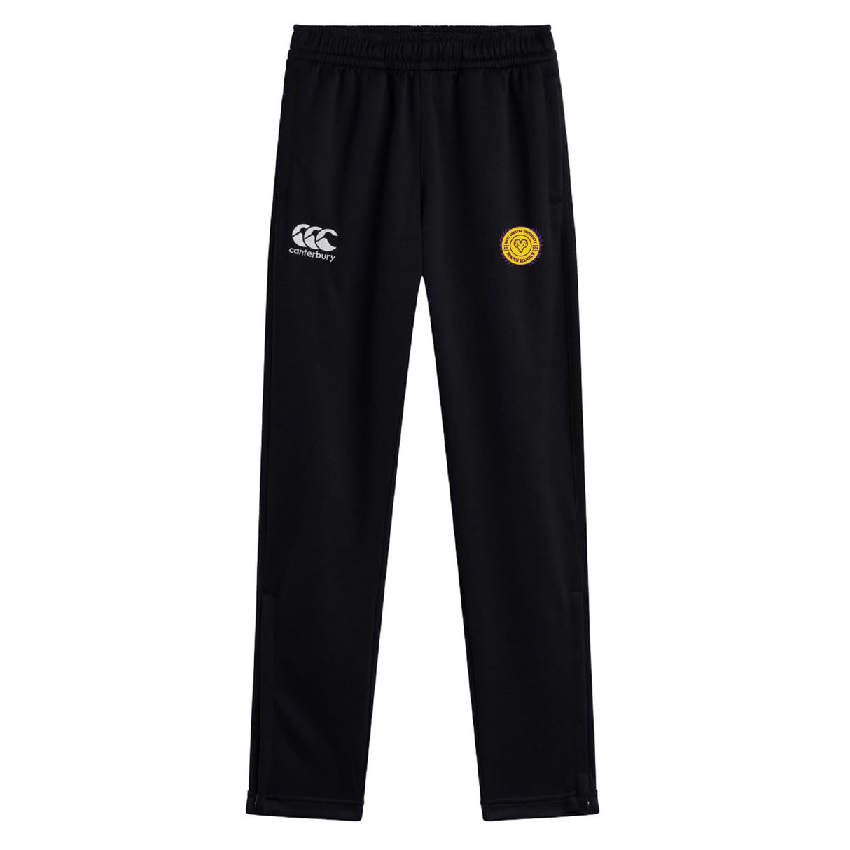 The West Chester University Stretch Tapered Pant by EMB Canterbury features an elastic waistband, Canterbury logo on the left, and a yellow circular emblem on the right thigh—ideal men's workout pants with quick-dry comfort.