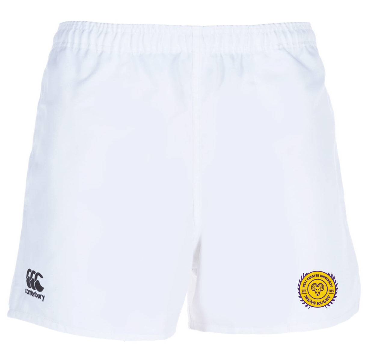 The West Chester University Advantage Rugby Shorts by EMB Canterbury feature moisture-wicking fabric to keep you cool, with a black Canterbury logo on the left and a yellow shield emblem on the right.