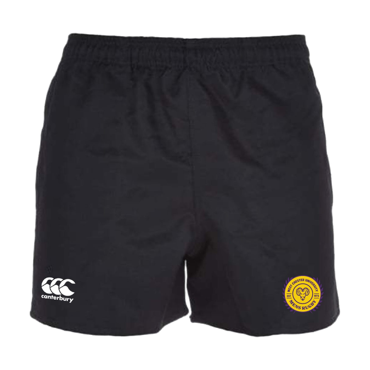 The West Chester University Advantage Rugby Shorts by EMB Canterbury feature an elastic waistband, Canterbury logo on the left leg, yellow circular badge on the right, and moisture-wicking fabric for comfort on and off the field.