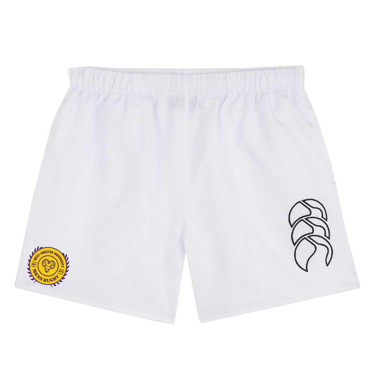 The West Chester University Tactic Short by EMB Canterbury features a black abstract logo on the right leg and a yellow circular emblem with text and a lion on the left—ideal men's gym or rugby shorts.