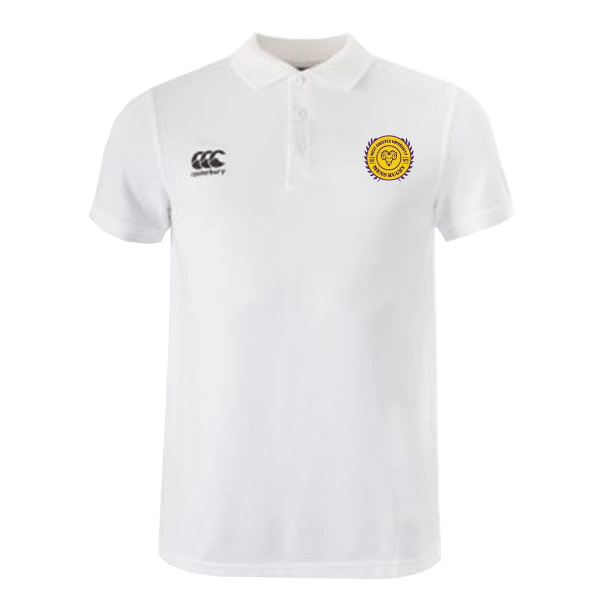 The West Chester University Waimak Polo by EMB Canterbury is a white men’s short-sleeve polo with a black Canterbury logo on the right chest and a yellow-purple circular emblem on the left, blending classic and sporty style.
