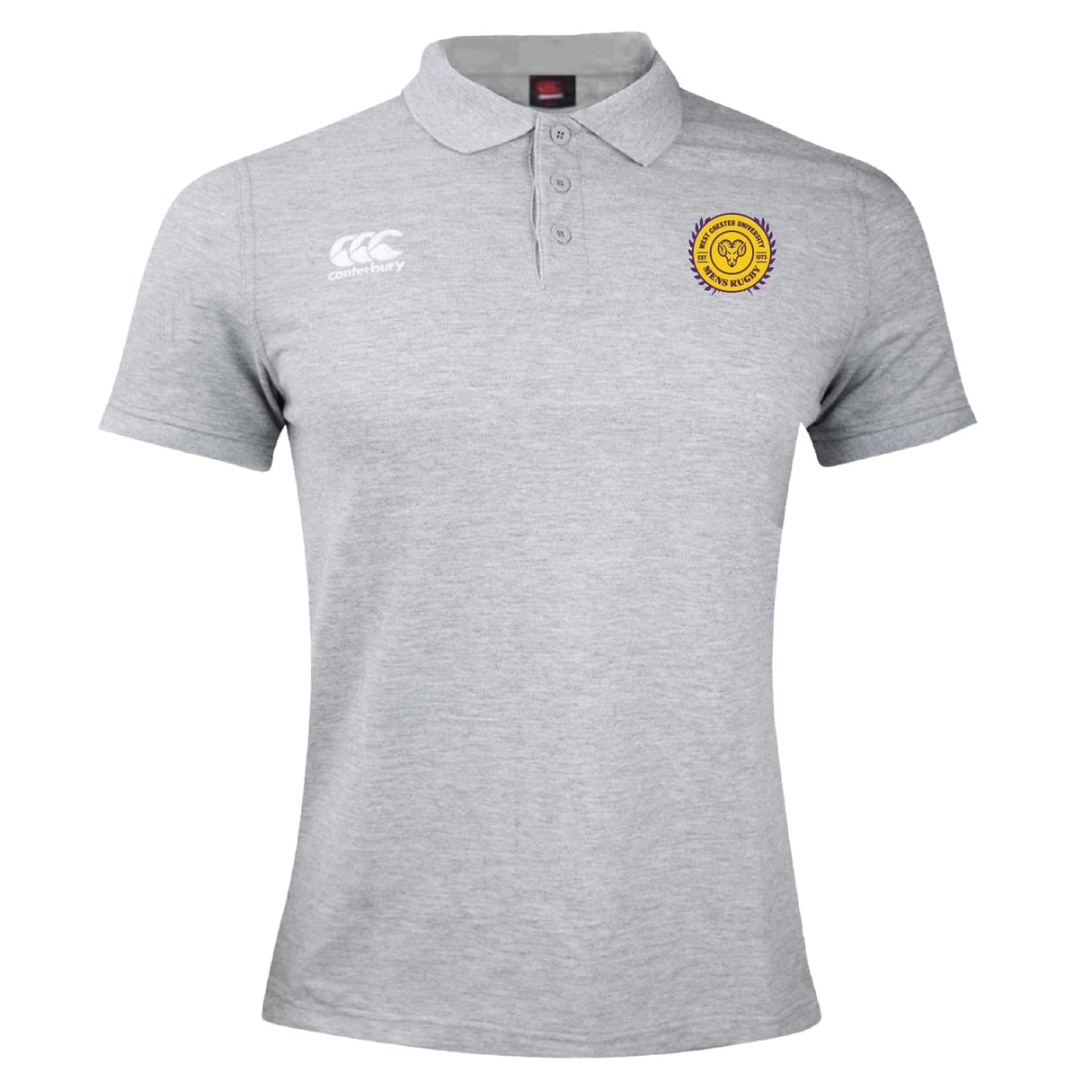 The West Chester University Waimak Polo by EMB Canterbury is a light grey men's polo with a white Canterbury logo on the right chest and a yellow, blue, and red embroidered crest on the left chest.