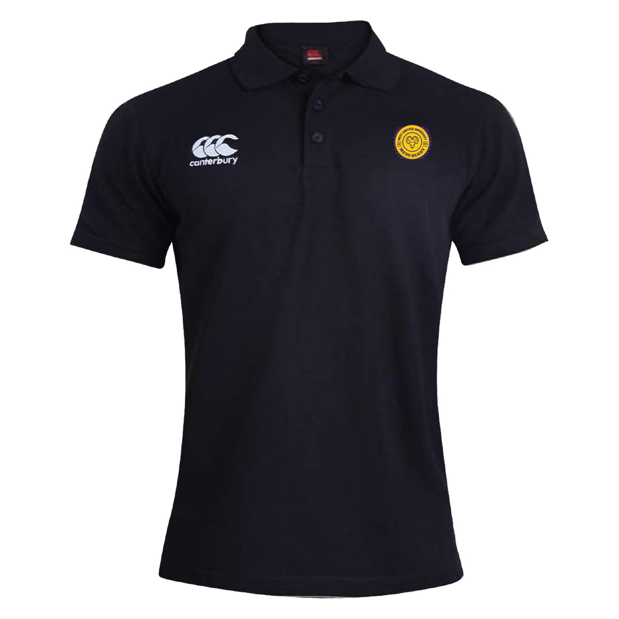 The West Chester University Waimak Polo by EMB Canterbury features a classic black short-sleeve design with a collar, Canterbury logo on the right chest, and a yellow emblem on the left—combining sporty style and comfort.
